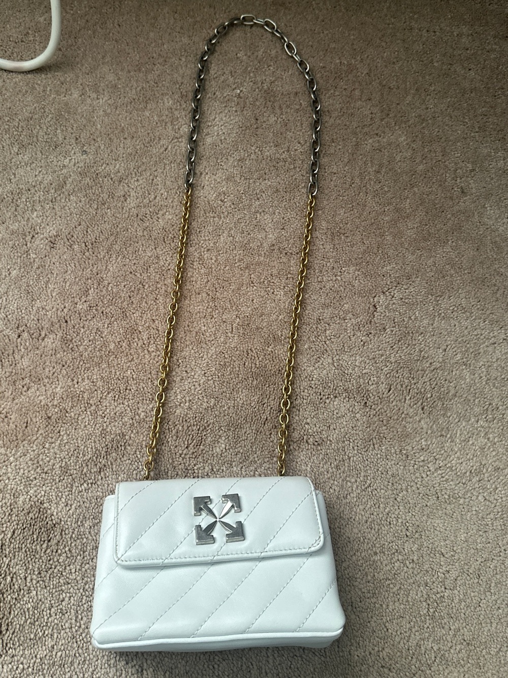 White Quilted Chain Shoulder Bag with Silver and gold Hardware